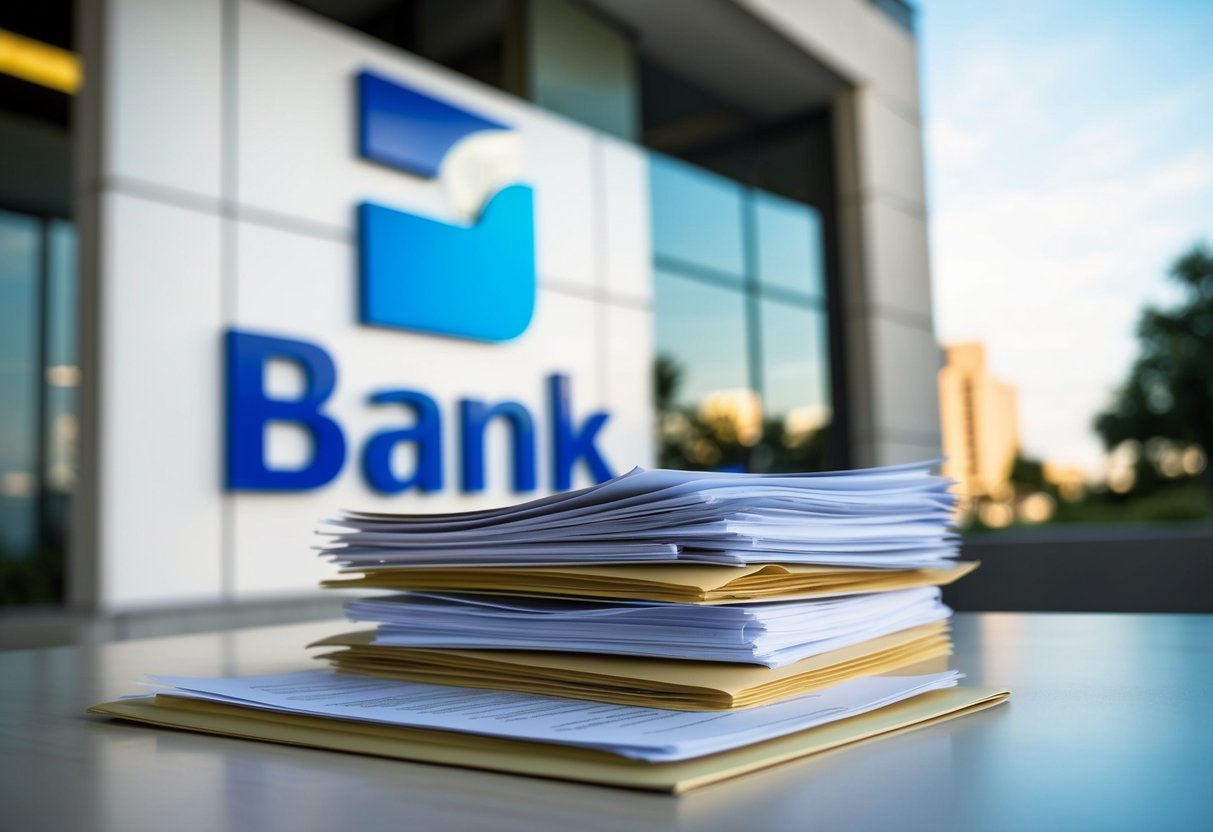 A bank logo on a building exterior with a stack of paperwork and legal documents on a desk