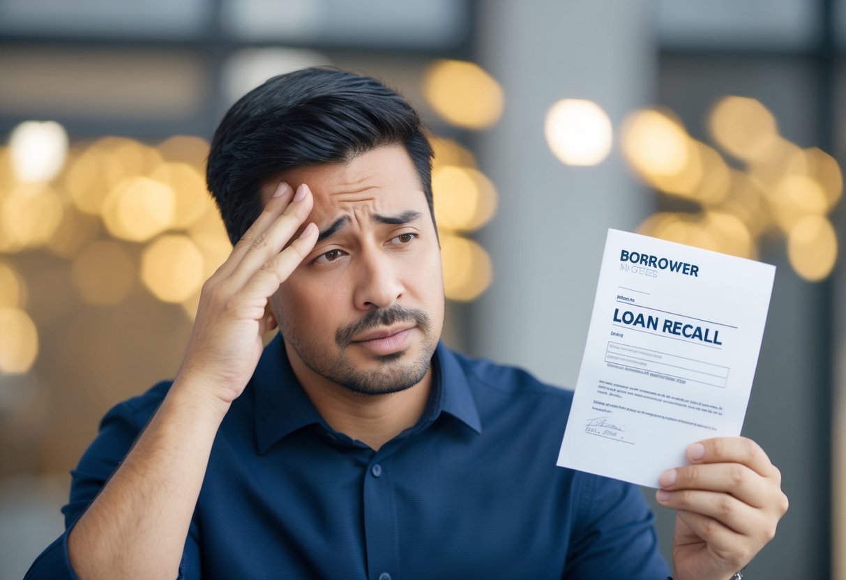 A borrower receiving a loan recall notice from a bank, looking distressed and overwhelmed by the sudden financial burden