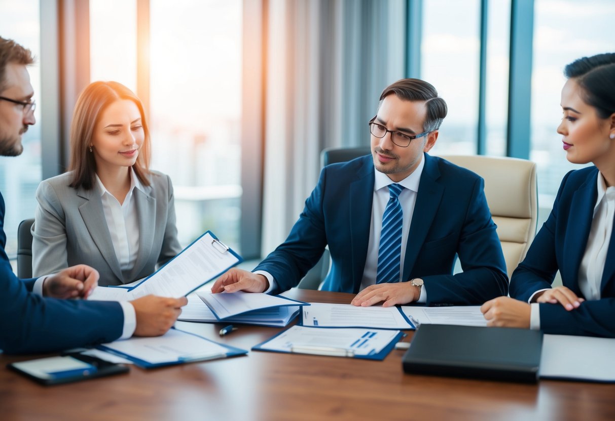 A bank manager reviewing loan documents and discussing with colleagues in a boardroom