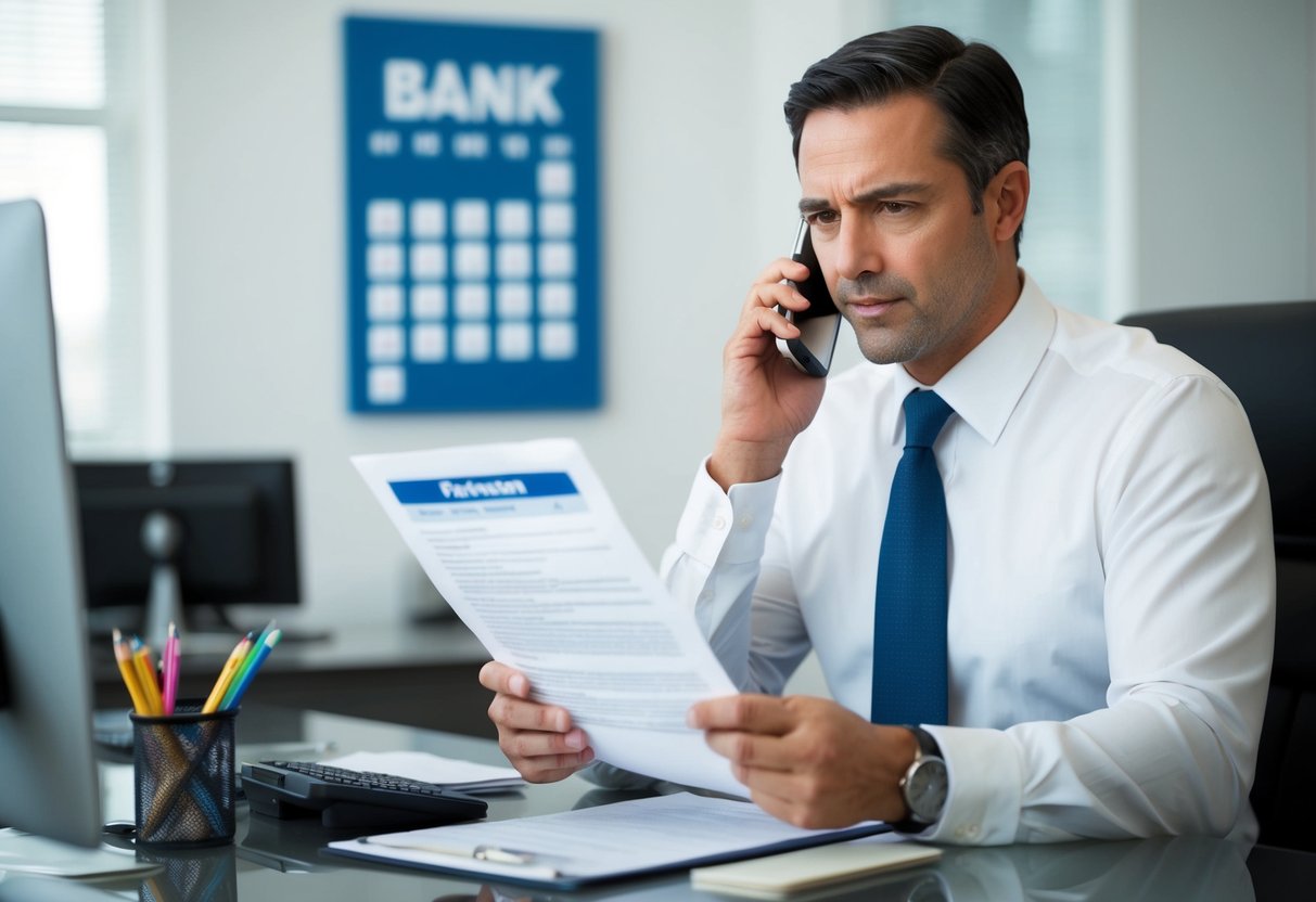 A bank manager at a desk, holding a document and speaking on the phone with a serious expression. A calendar on the wall shows a looming deadline