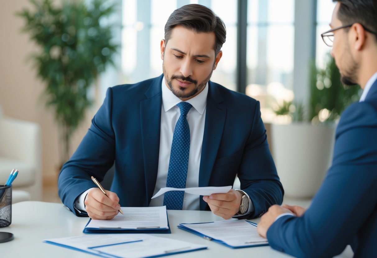 A bank representative reviewing loan documents and discussing discrepancies with a client