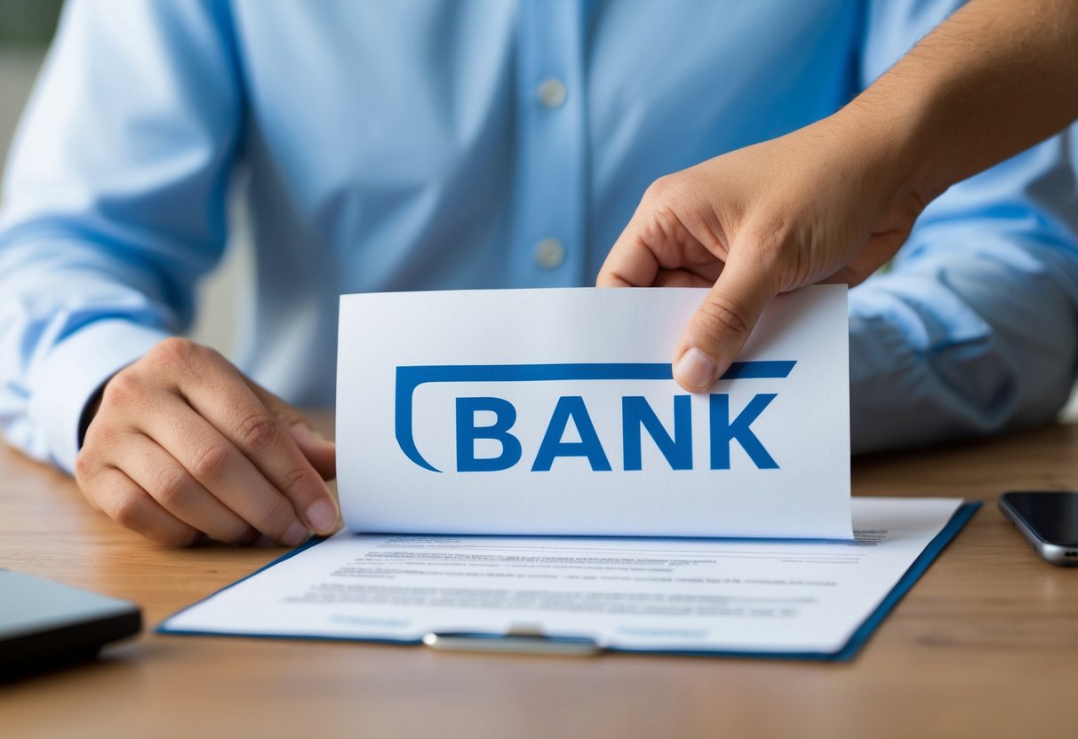 A bank logo with a loan document being pulled back by a hand