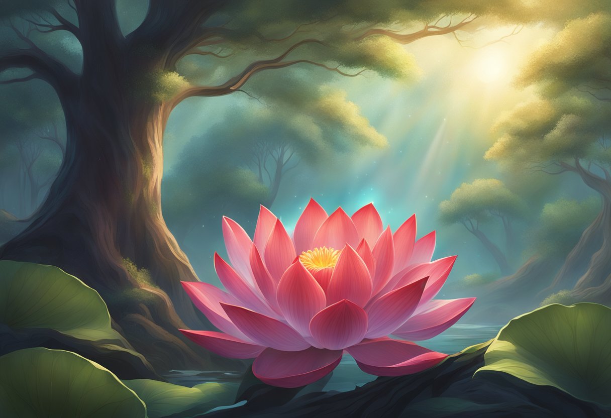 A glowing red lotus flower surrounded by swirling energy at the base of a tree