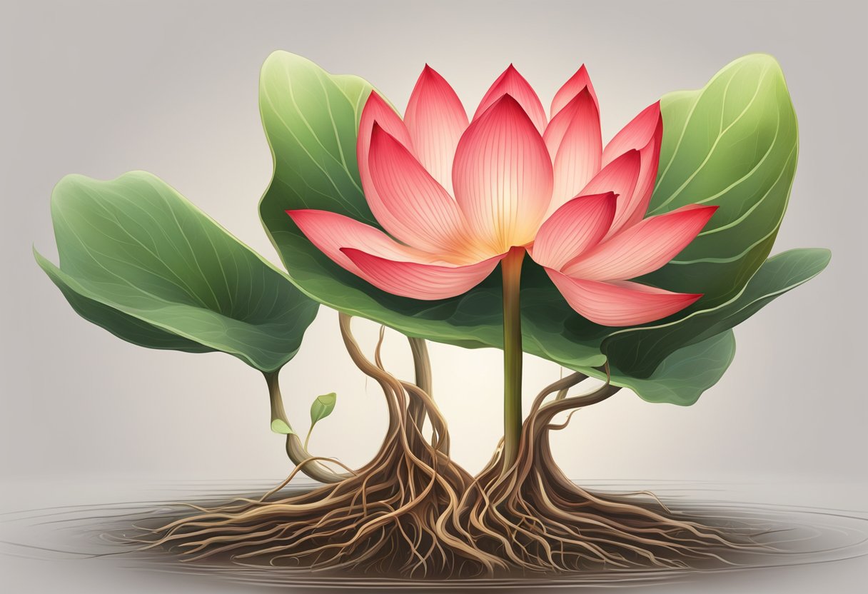 A glowing red lotus flower with roots extending into the earth