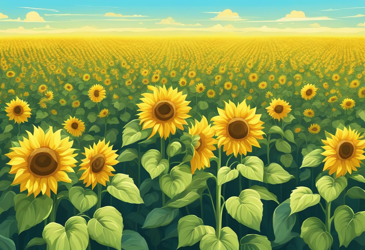 A vibrant sunflower field with rays of sunlight shining down on the bright yellow flowers, surrounded by lush greenery and a clear blue sky
