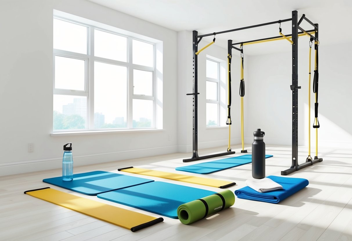 A bright, airy room with floor mats, resistance bands, and a pull-up bar. A water bottle and towel sit nearby