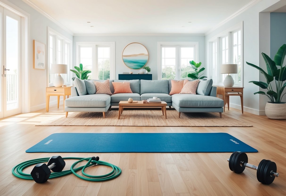 A bright, spacious living room with a yoga mat, resistance bands, and a set of dumbbells laid out for a home workout