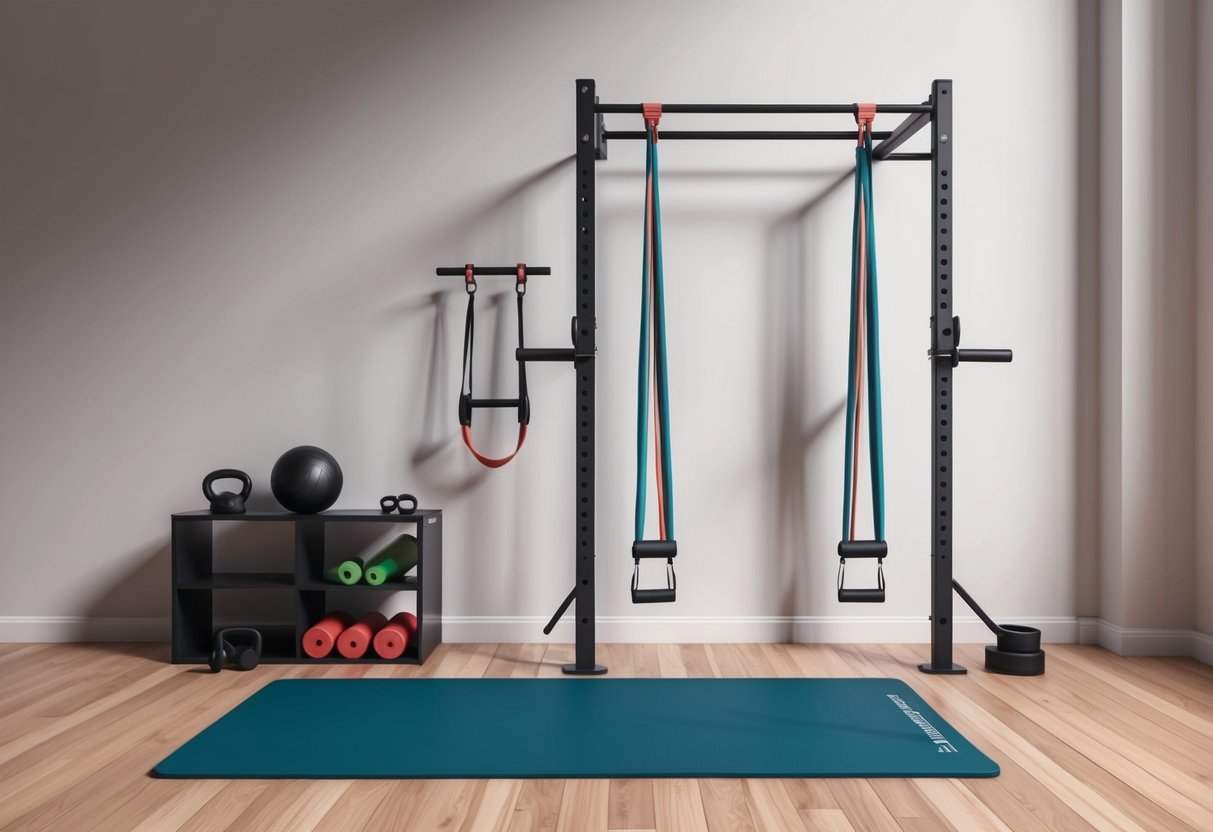 A home gym setup with pull-up bar, resistance bands, and exercise mat