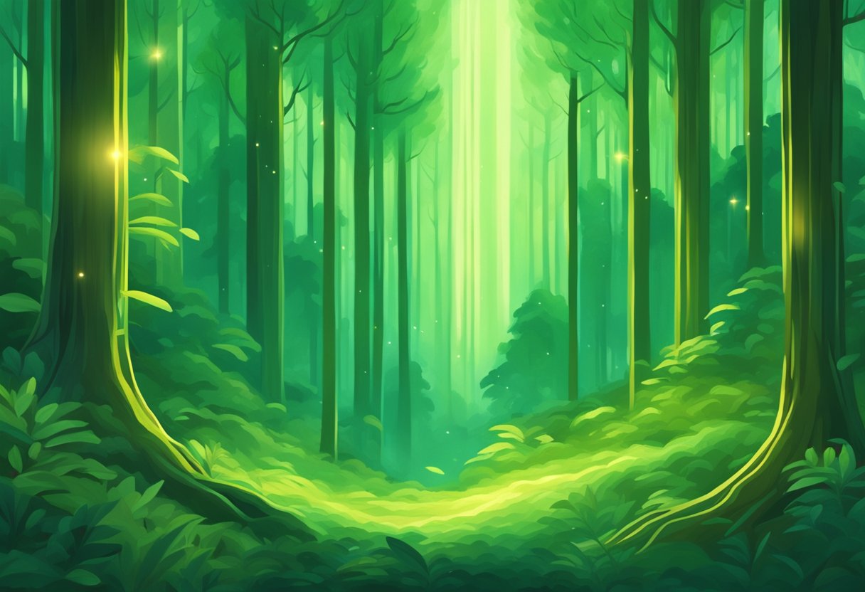 A serene green forest clearing with a glowing, spinning emerald light at its center, radiating warmth and love