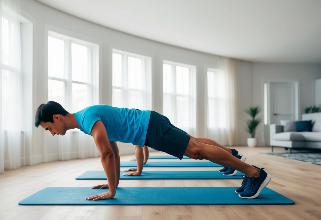 A person is performing a series of bodyweight exercises, such as push-ups, squats, and lunges, in a spacious and well-lit room at home