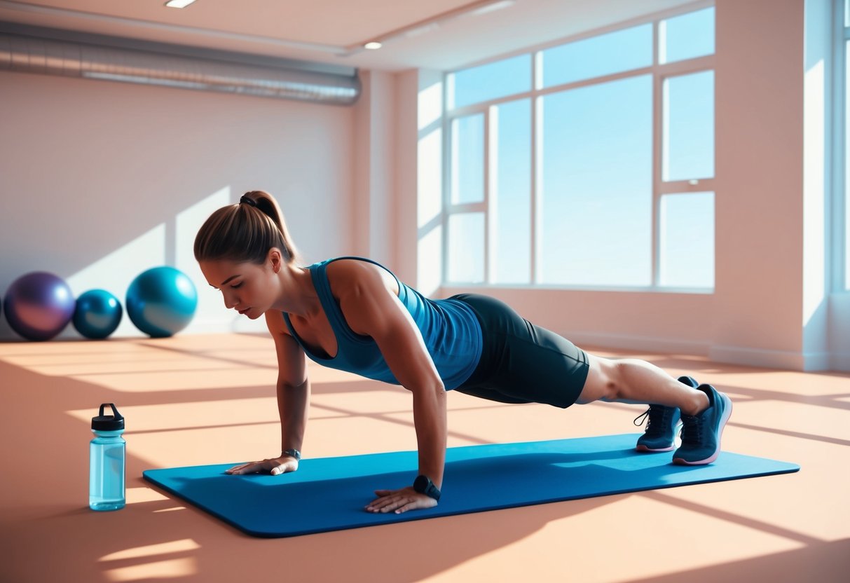 A person performing a challenging bodyweight workout in a spacious, well-lit room with exercise mat and water bottle nearby