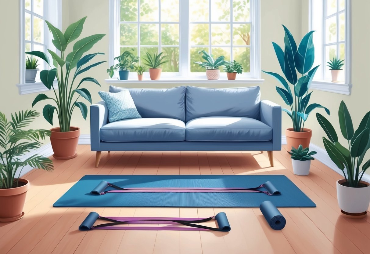 A serene living room with a yoga mat and resistance bands, surrounded by potted plants and natural light streaming in through the windows