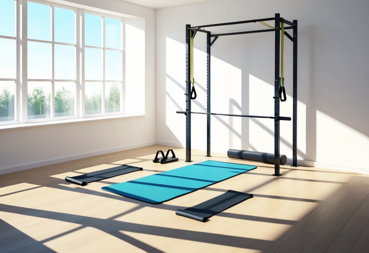 A bright, spacious room with a yoga mat, resistance bands, and a pull-up bar. Sunlight streams in through the windows, casting long shadows on the floor