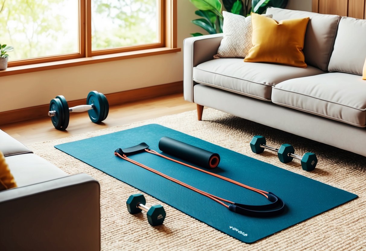 A cozy living room with a yoga mat, resistance bands, and a set of dumbbells. A large window lets in natural light, creating a warm and inviting atmosphere for a home workout