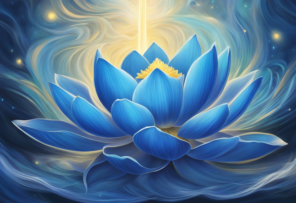 A glowing blue lotus flower surrounded by swirling energy, representing the Throat Chakra