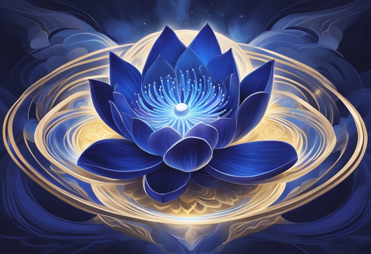 A glowing indigo lotus flower radiating energy from the center, surrounded by swirling patterns of light and darkness