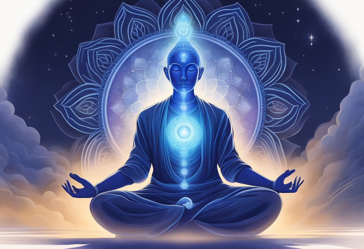 A serene figure sits in meditation, surrounded by a soft glow of indigo light, with a sense of clarity and intuition emanating from their Third Eye Chakra
