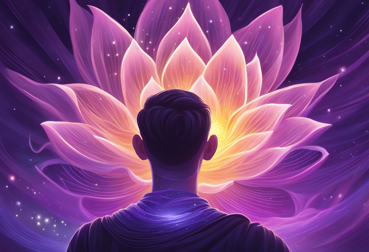 A glowing purple lotus flower hovering above a person's forehead, surrounded by swirling energy and radiating light