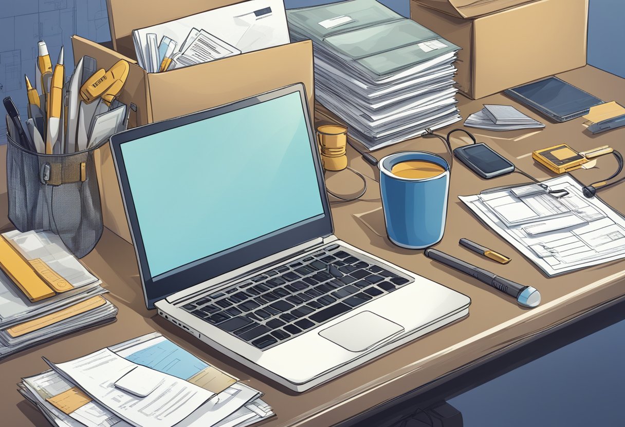 A laptop surrounded by tools and blueprints, with a phone ringing and a stack of mail labeled "Frequently Asked Questions."