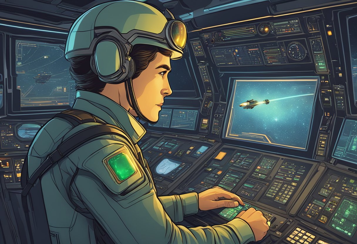 A copilot stares down a glowing ChatGPT interface, both engaged in a silent battle of wits