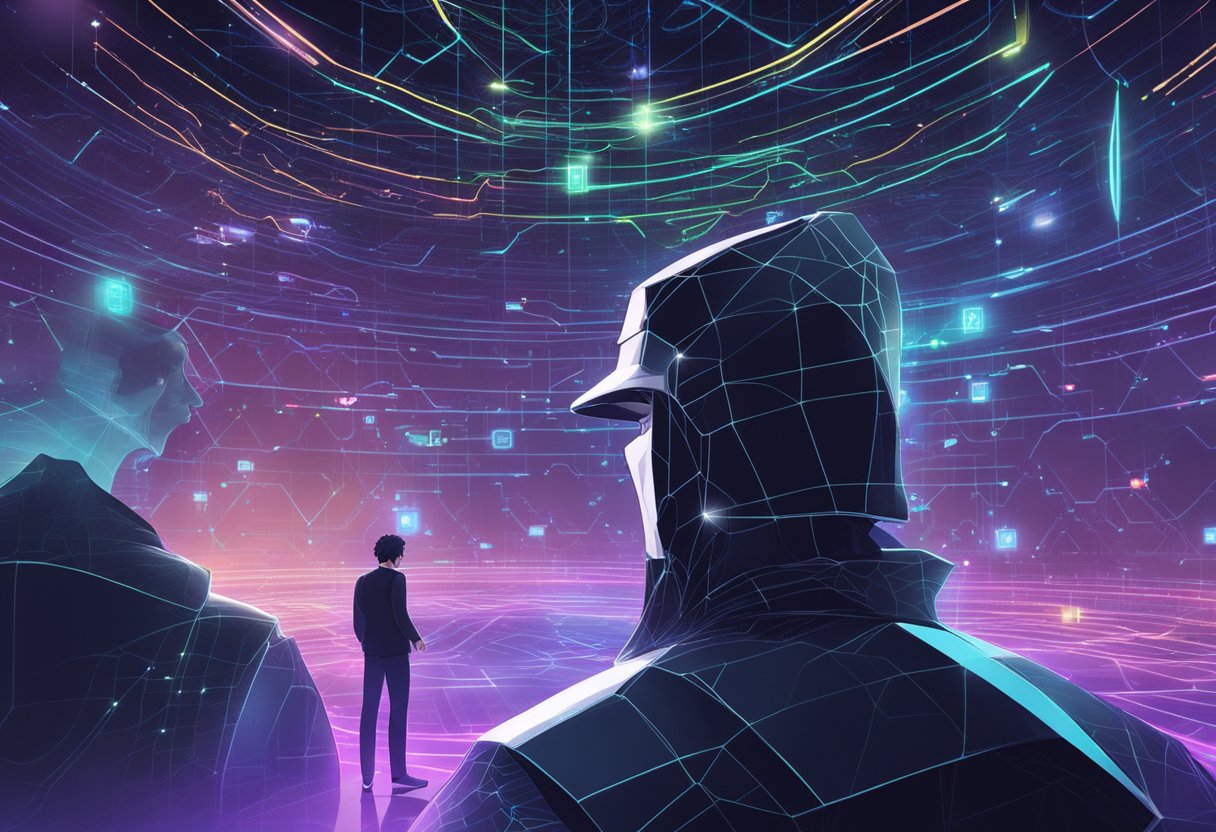 Claude and ChatGPT face off in a digital arena, surrounded by swirling lines of code and glowing data nodes