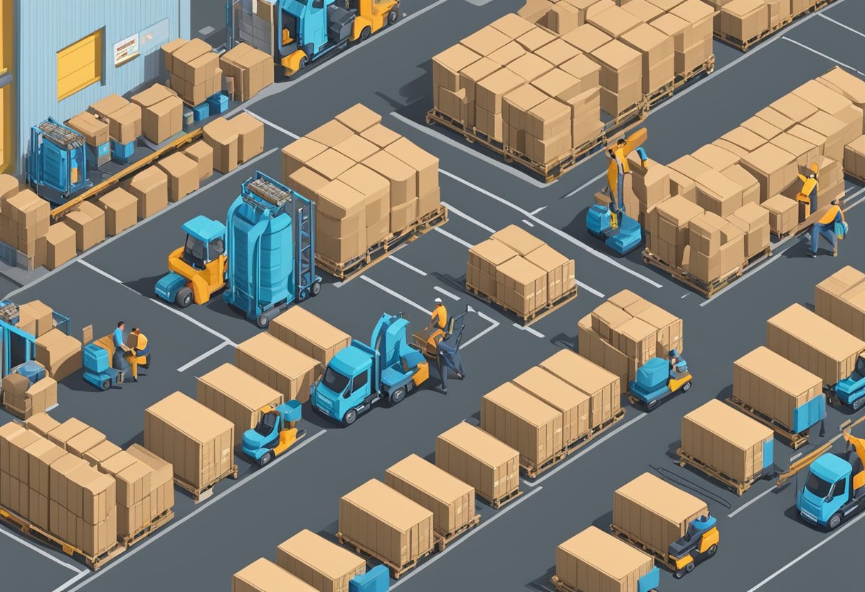 A bustling industrial facility with workers packaging and transporting barrels of Thioanisole, while large trucks load and unload shipments