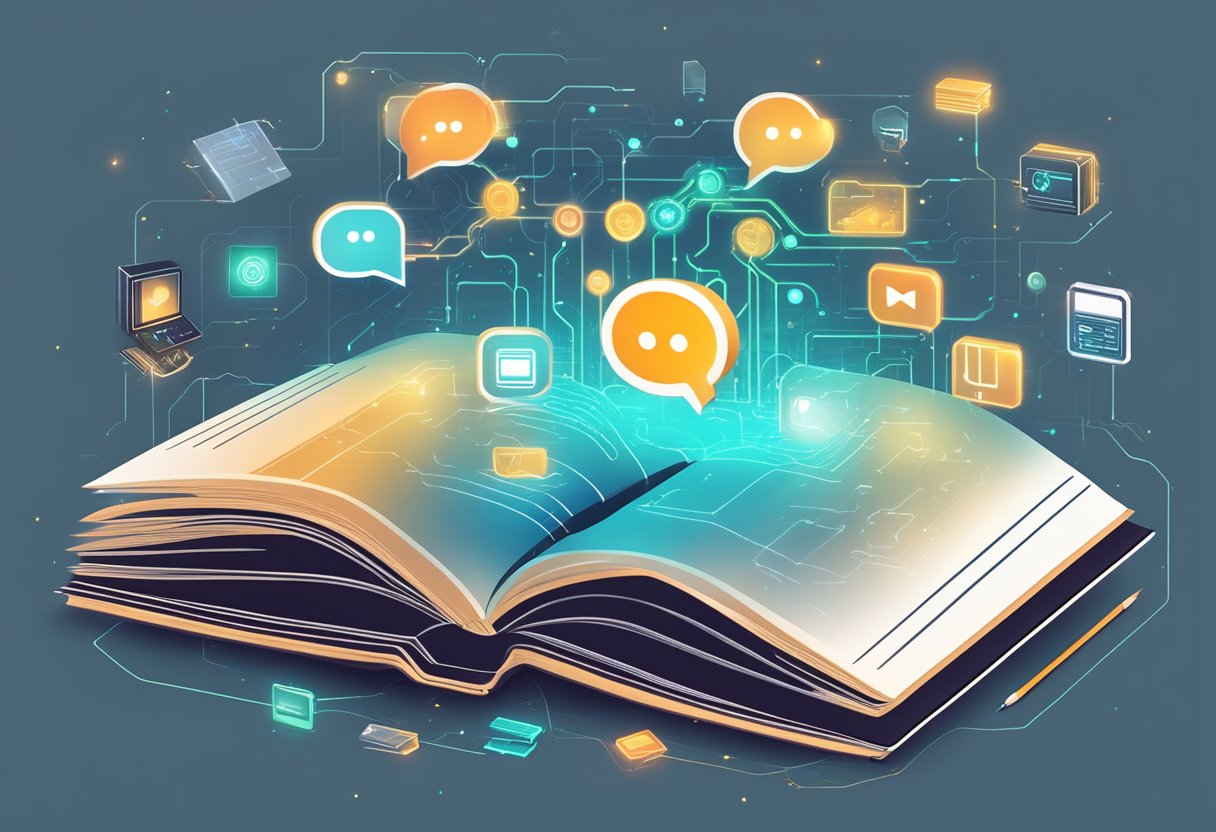 An open book with a glowing chat bubble hovering above it, surrounded by circuitry and technology symbols