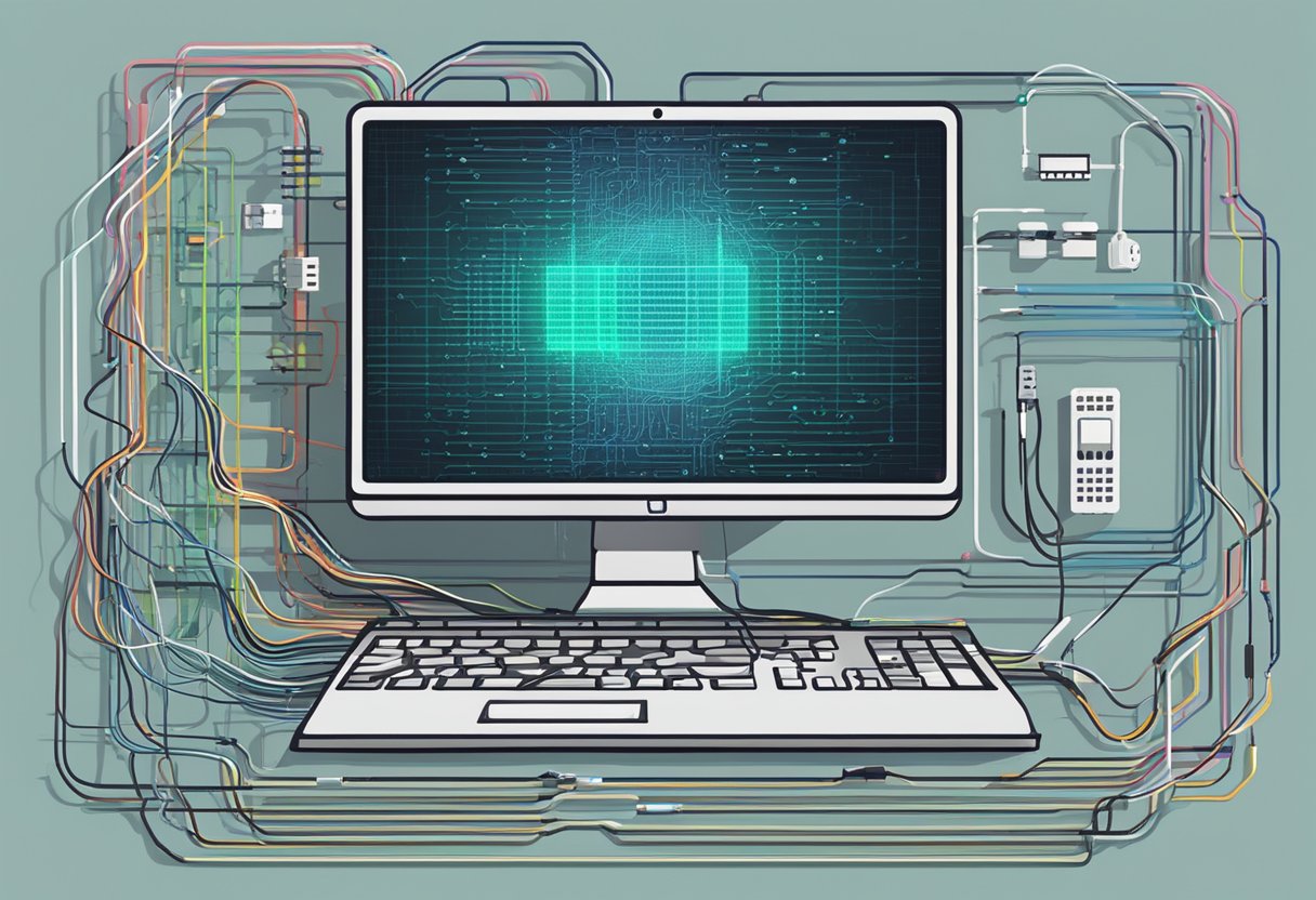 A computer screen with multiple layers of encryption and code, surrounded by a web of tangled wires and electronic devices