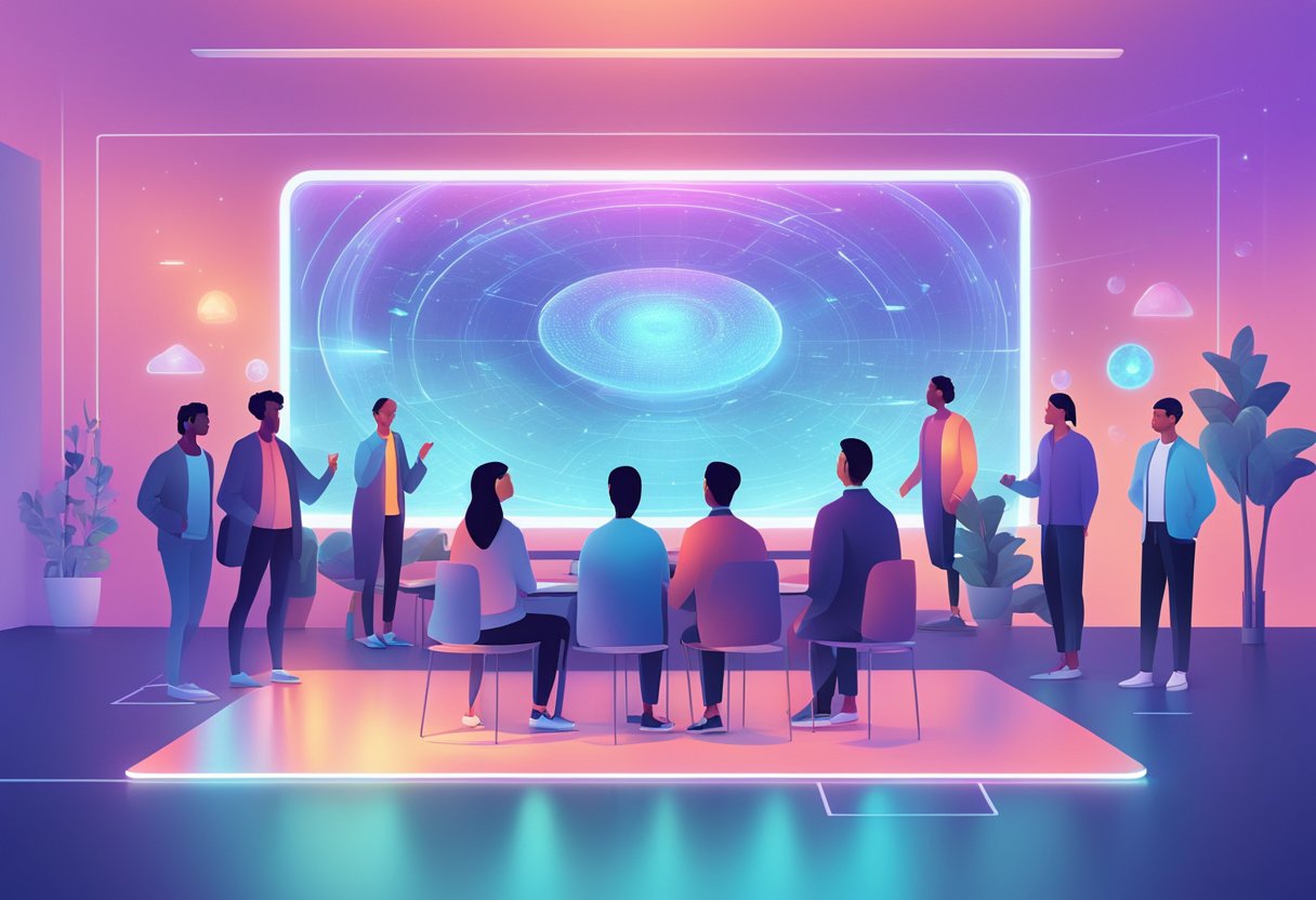 A group of people gathered around a futuristic holographic display, eagerly discussing and speculating about the release of ChatGPT 5