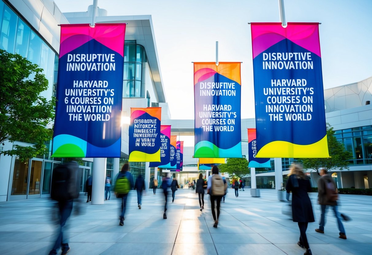 Um campus universitário moderno e movimentado, com edifícios futuristas e tecnologia de ponta. Banners brilhantes e coloridos proclamando "Inovação Disruptiva - Os 6 Melhores Cursos de Inovação da Universidade de Harvard no Mundo" tremulam ao vento.