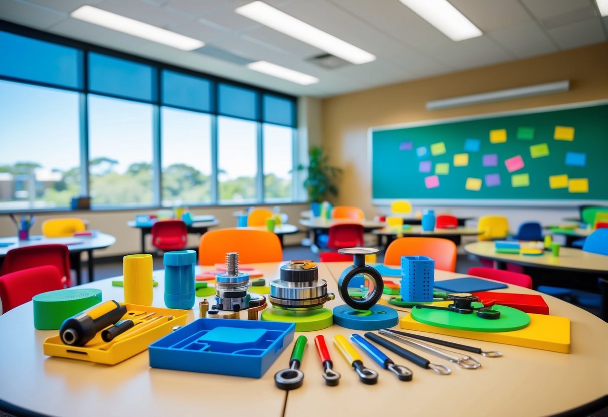 Um ambiente de sala de aula colorido e dinâmico, com várias ferramentas e materiais inovadores, simbolizando criatividade e inovação na Universidade de Queensland.