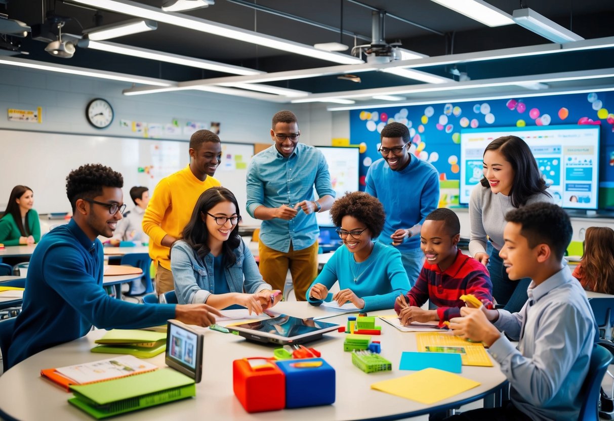 Uma sala de aula vibrante com alunos diversos envolvidos em atividades práticas, cercados por tecnologia futurista e materiais de aprendizagem inovadores.