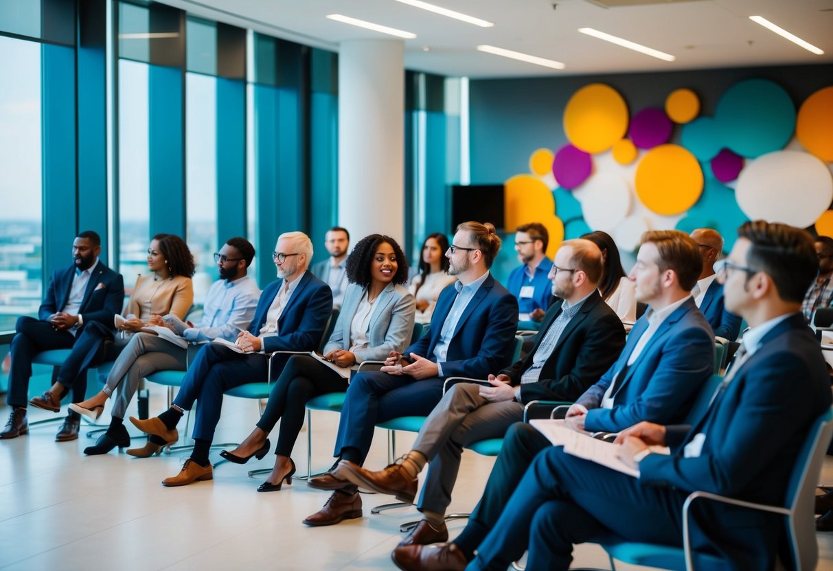 Um grupo diversificado de pessoas participando de um seminário sobre inovação, sentado em uma sala de conferências moderna com grandes janelas e decoração colorida e futurista.