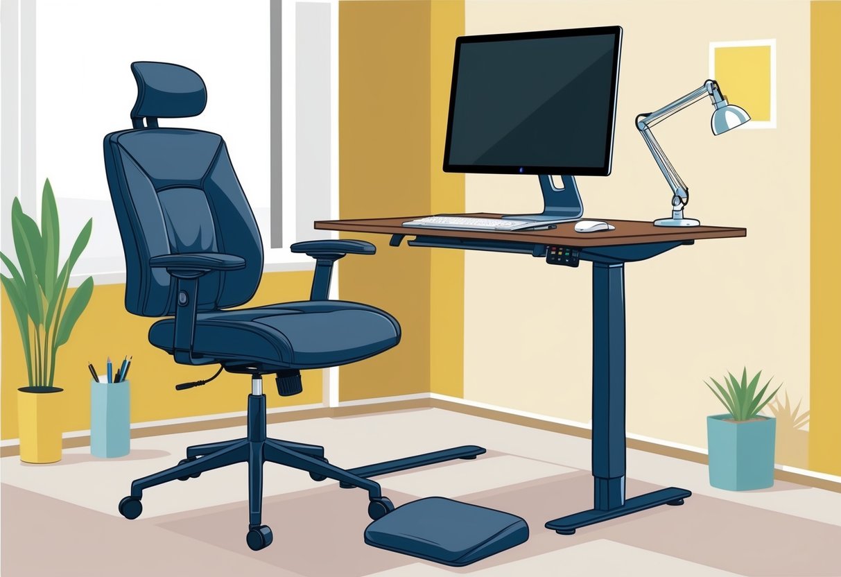 A desk chair with a cushioned lumbar support, a footrest, and an adjustable monitor stand for a home office setup