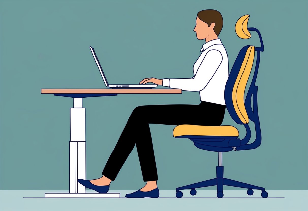 A person sitting at a desk with a straight back, using a laptop on a raised stand, with a cushion for lower back support, and feet flat on the floor