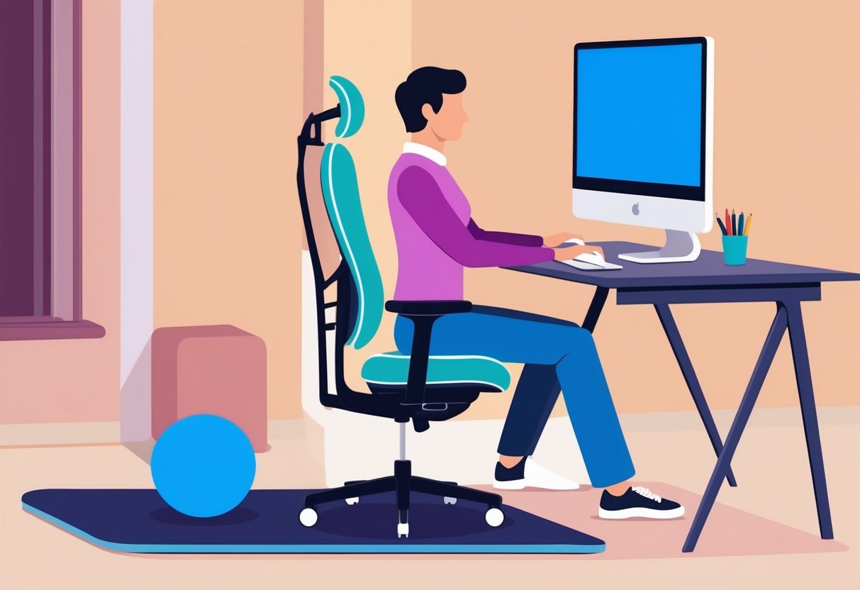 A person sitting at a desk with a straight spine, using an ergonomic chair and a raised computer screen. A yoga mat and exercise ball are nearby