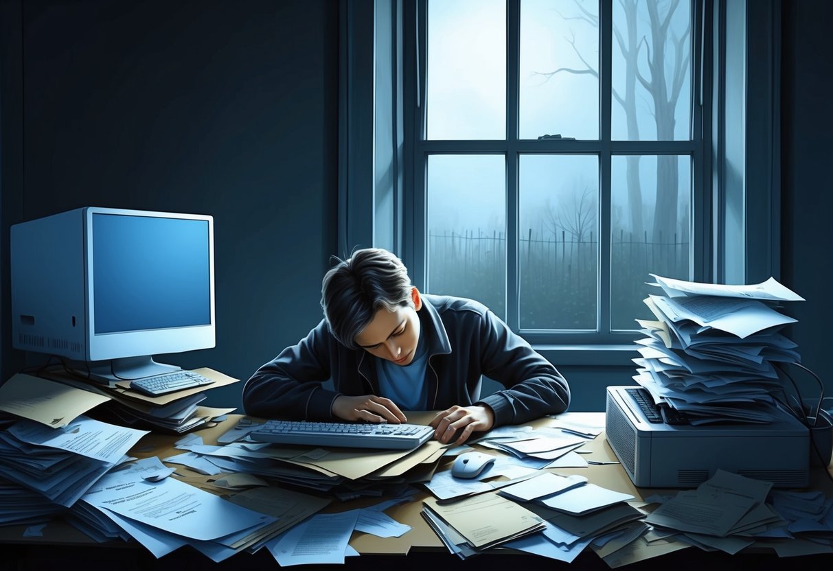 A person slouches at a cluttered desk, surrounded by scattered papers and a neglected computer. The room is dimly lit, with a window showing a gloomy outdoor scene