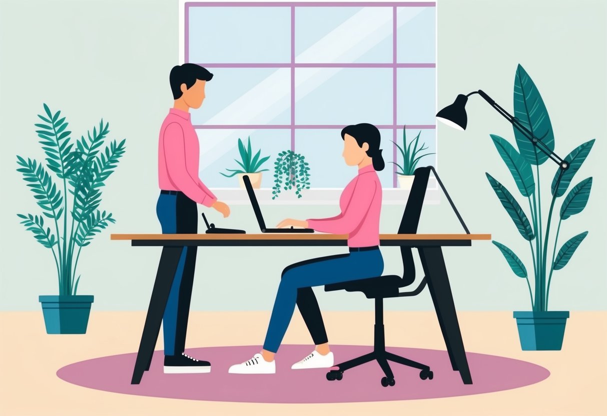 A person standing at a standing desk, alternating between sitting and standing while working. The desk is surrounded by plants and has a large window with natural light