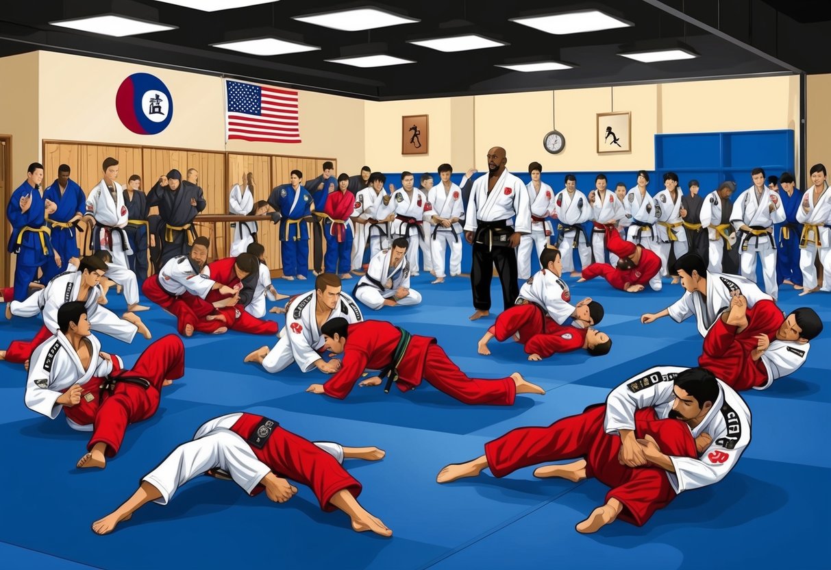 Un dojo de jiu jitsu lleno de estudiantes practicando lanzamientos y agarres, mientras un sensei supervisa la clase.