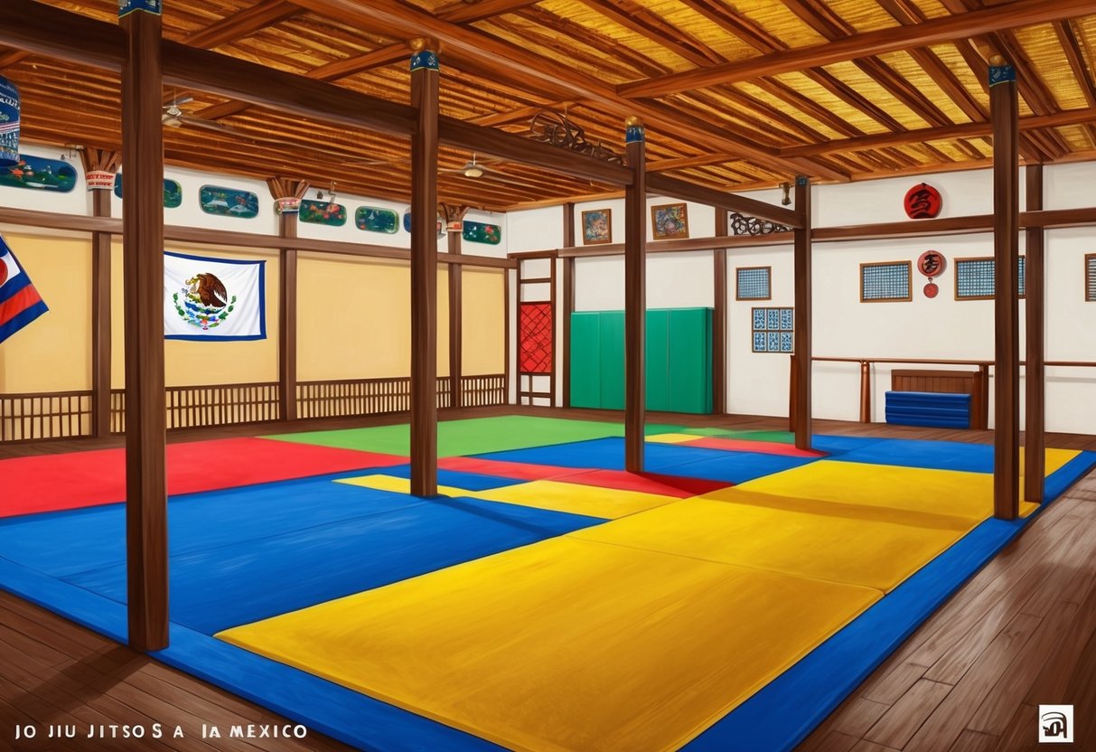 Un dojo de jiu jitsu en México, con tatamis coloridos y decoración japonesa tradicional