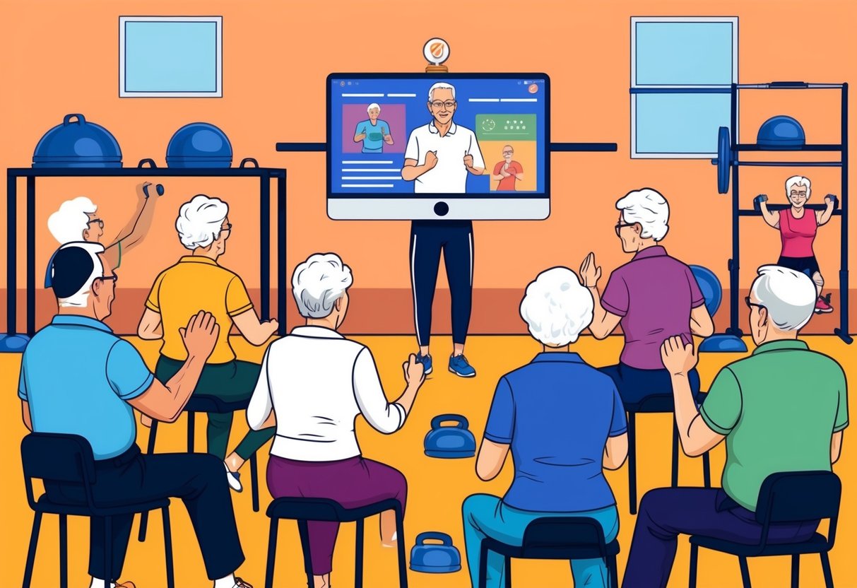 A group of seniors participating in an online fitness class, following along with an instructor on a screen. Various exercises and equipment are visible in the background