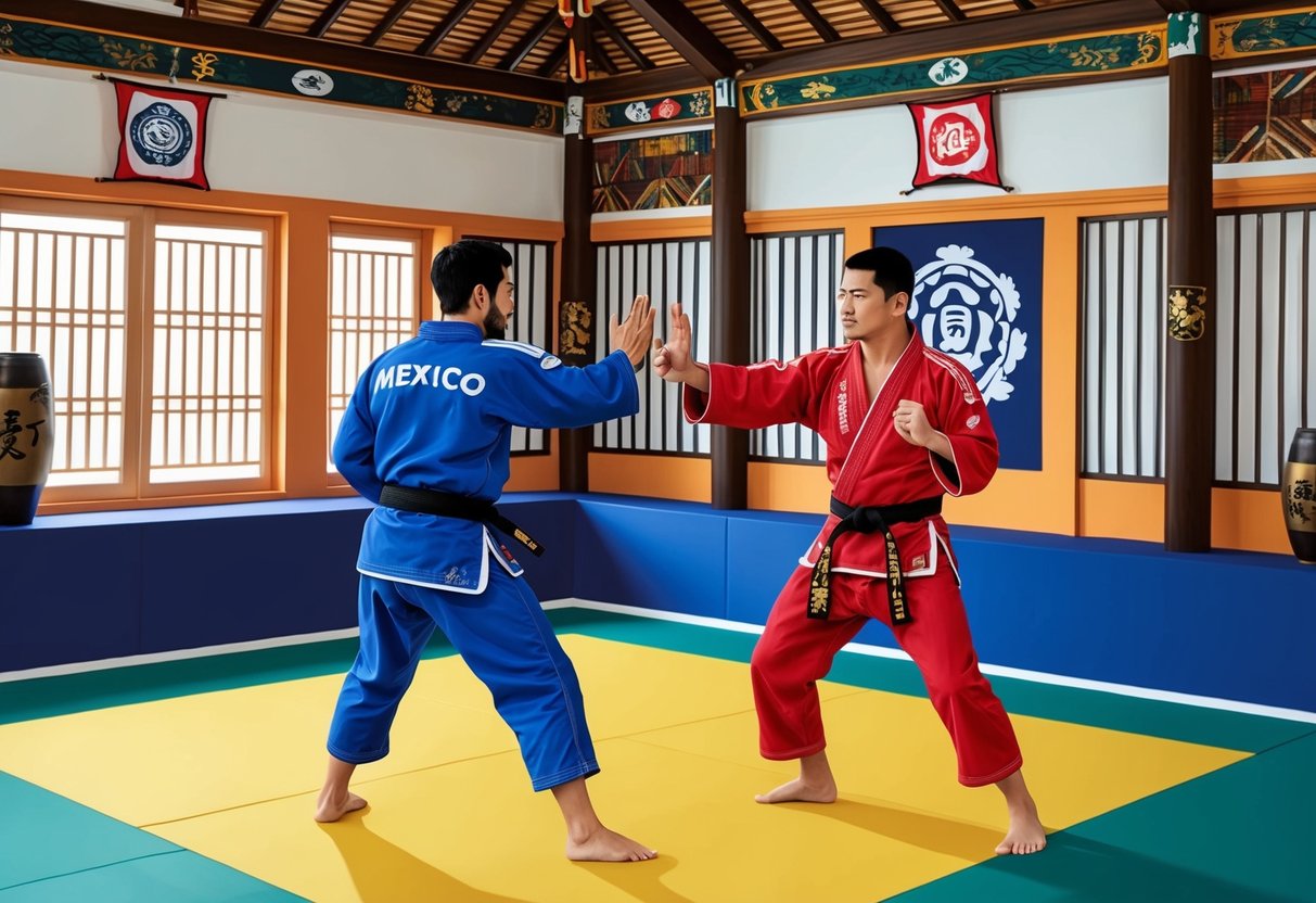 Un dojo en México con dos practicantes de Jiu Jitsu participando en un combate de sparring, rodeados de decoración tradicional de artes marciales japonesas.