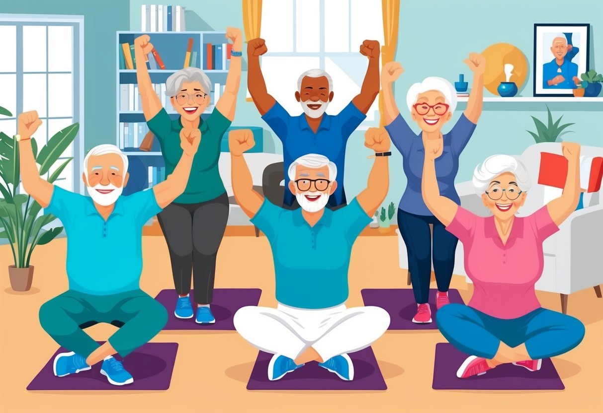 A group of seniors engage in various online workouts from the comfort of their homes, with a variety of exercises and activities to choose from