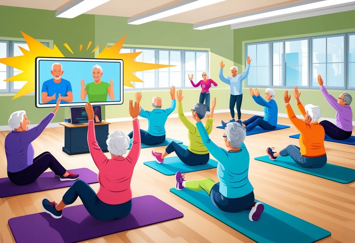 A group of seniors participate in a virtual workout class, following along with an instructor on a computer screen. The room is filled with light and energy as the participants engage in various exercises tailored to their age and ability