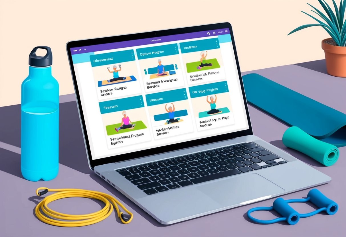 A laptop on a table displaying various online workout program options for seniors, surrounded by a water bottle, yoga mat, and resistance bands