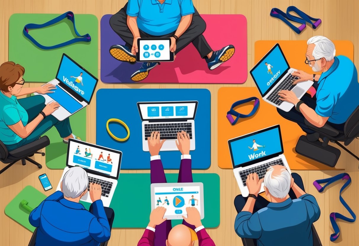 A group of seniors using laptops and tablets to explore various online workout options, with colorful exercise mats and resistance bands scattered around them