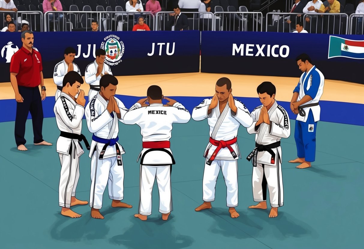 Un torneo de jiu jitsu en México, con competidores en uniformes tradicionales, inclinándose el uno al otro antes de un combate en un suelo acolchado.