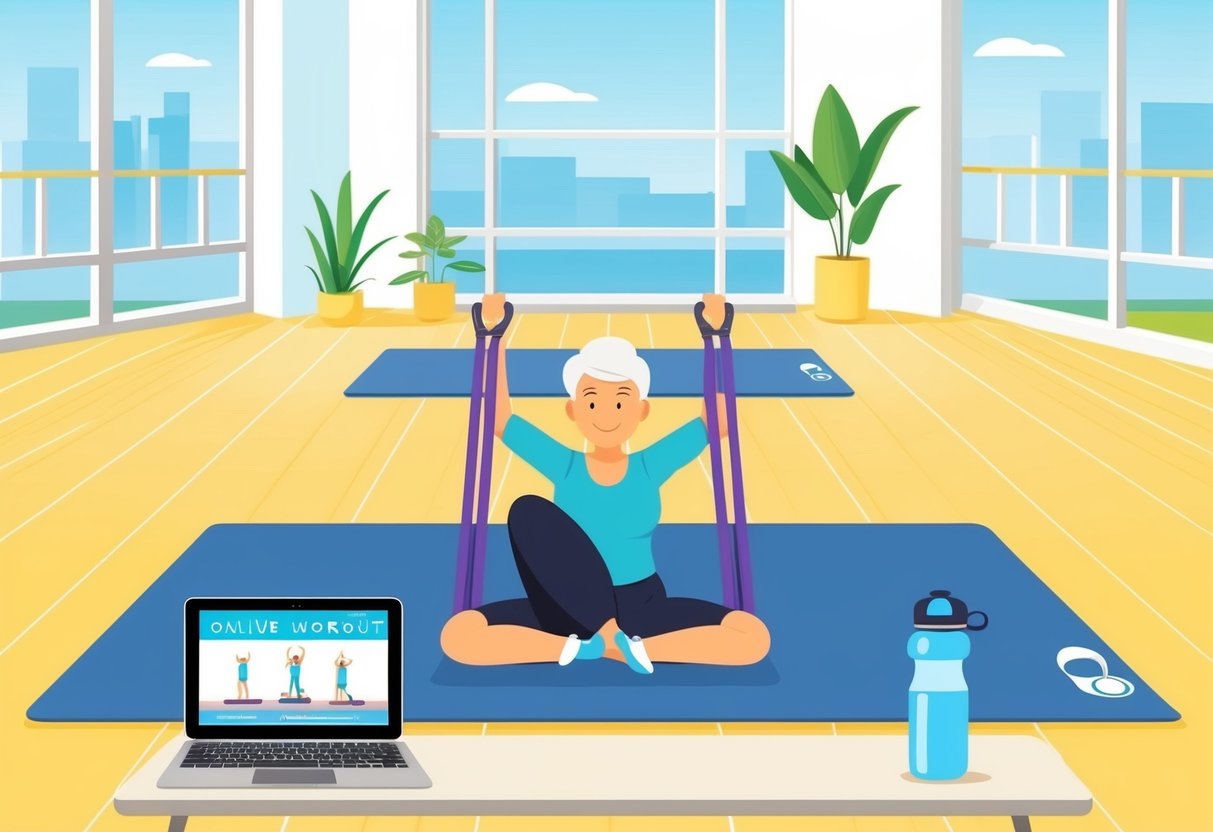 A bright, spacious room with a yoga mat, resistance bands, and a water bottle. A laptop or tablet is set up on a table, streaming an online workout for seniors