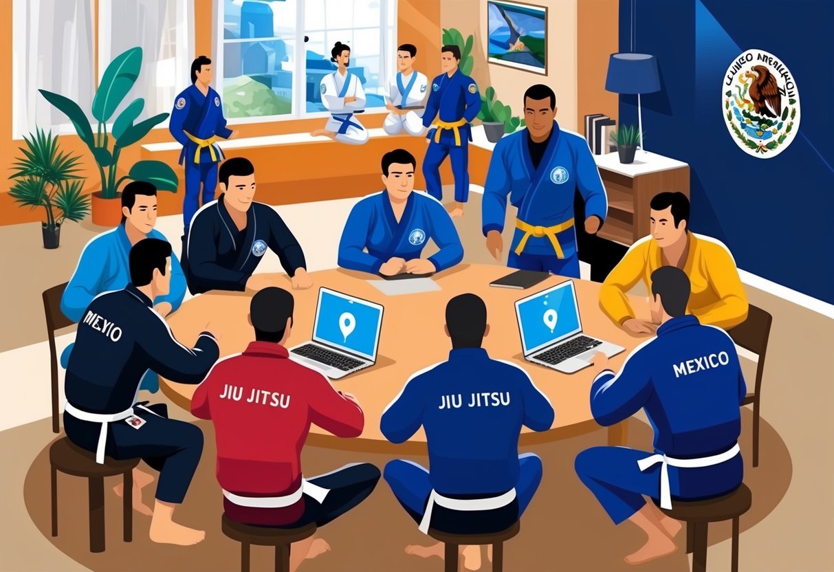 Un grupo de practicantes de jiu jitsu en México participa en entrenamientos y discusiones en línea, conectándose a través de plataformas digitales para construir su comunidad.