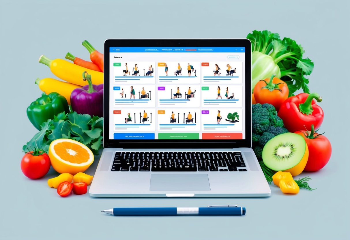 A laptop displaying various workout and nutrition options for seniors, surrounded by colorful fruits and vegetables
